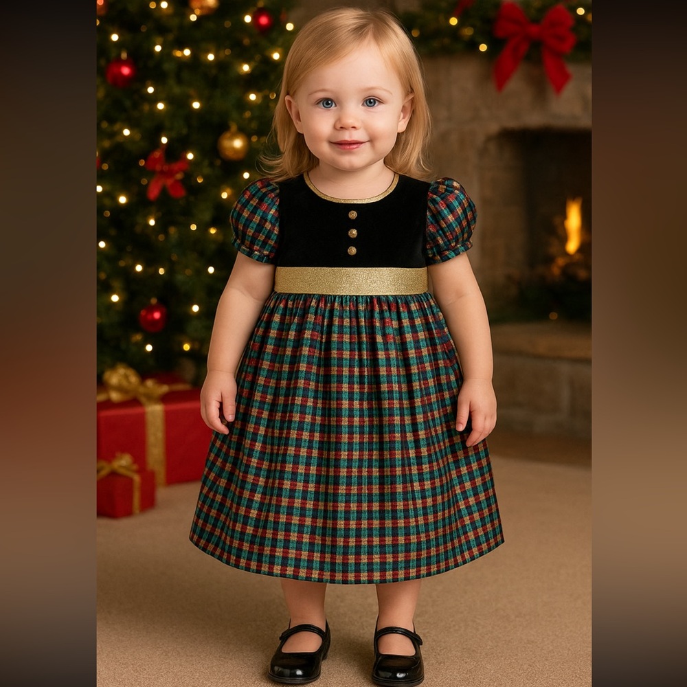 Vintage Sylvia Whyte Girls Holiday Plaid Black Velvet Dress Gold Belt Size 4